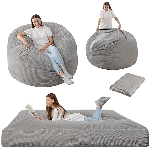 HABUTWAY Bean Bag Chair, Giant Bean Bag Chair with Washable Chenille Cover Ultra Soft, Convertible Bean Bag from Chair to Mattress, Huge Chenille Bean Bags for Adult, Couples, Family (Grey Queen)