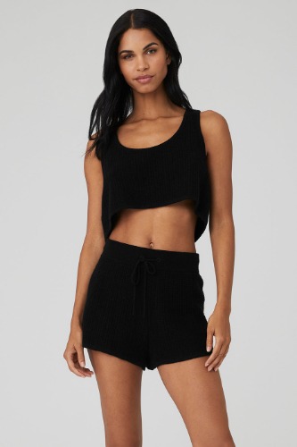 Cashmere Plush Waffle Cropped Tank - Black | Black / XS