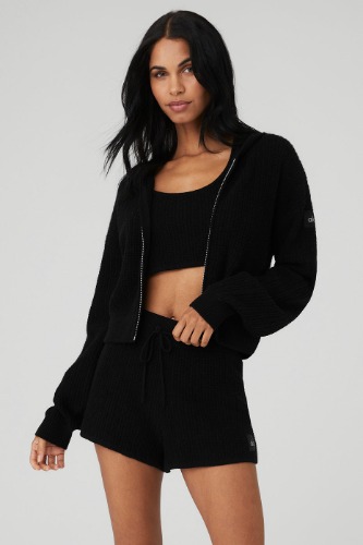 Cashmere Plush Waffle Full Zip Hoodie - Black | Black / XS