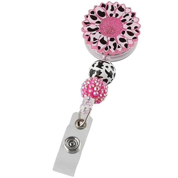 okhobby Funny Cow Sunflower Badge Reel Holder with ID Clip, Acrylic Plastic Beads Badge Holder for Office, Doctor