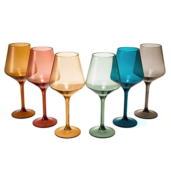 European Style Plastic Crystal, Stemmed Wine Glasses | Set of 6 | Acrylic Tritan Drinkware, Unbreakable Muted Color Shatterproof BPA-free, Reusable, Floating Pool & Indoor & Outdoor, Hand Wash 15oz