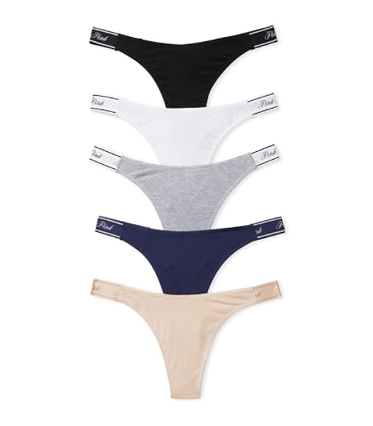 Victoria's Secret PINK Women's Cotton Logo Thong Underwear, Panties for Women, Multi Pack (XS-XXL)