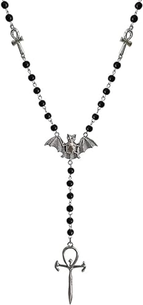 Ankh Cross Bat Necklace Religious Grunge Gothic Vampire Black Long Rosary Beaded Ancient Egyptian Necklace for Women