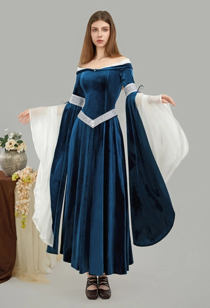 Medieval Renaissance Elf Costume - Off Shoulder Blue Velvet Dress