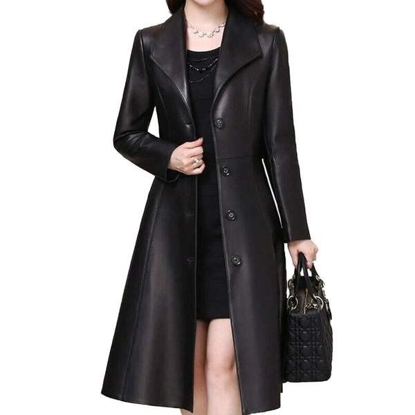 Women Black Genuine Lambskin Leather Stylish Trench Coat Casual Style Long Coat