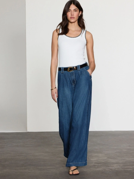 Dark Blue Linen Blend Wide Leg Denim Trousers
