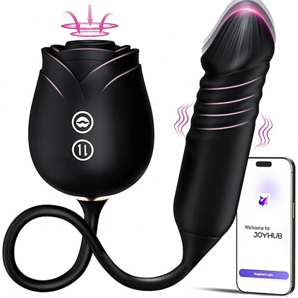Dildo Vibrator Women Sex Toys - MOOLIGIRL APP Control Rose Sucking Vibrater & Vibrating & Thrusting Dildos for Clit Nipple G Spot Anal Stimulation, 10 Modes Tongue Sucker Adult Toy for Couples Games