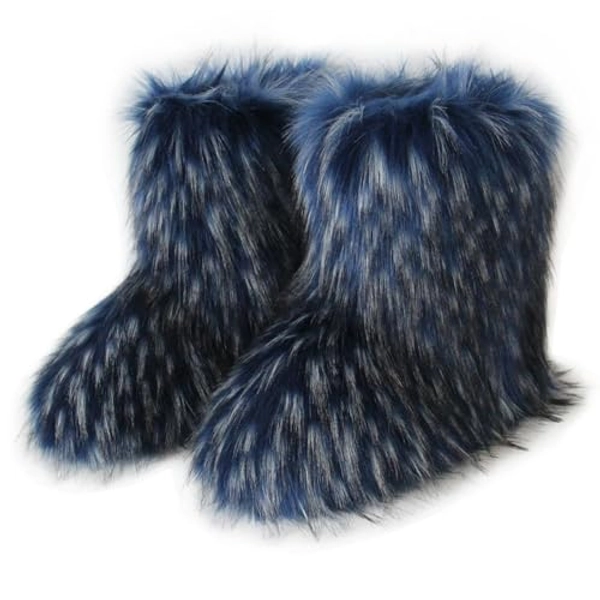 QMFUR Women's Furry Faux Fur Boots Fuzzy Fluffy Mid Calf Snow Boots Suede Warm Fur Lined Booties Flat Fashion Boots