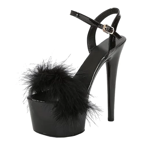 17CM/6.69IN Damenmode Persönlichkeit Classic Feather Heels Open Toe Plattform Schnalle Riemchen High Heels Sandalen Pumps Pole Dancer Stripper Party Sandalen