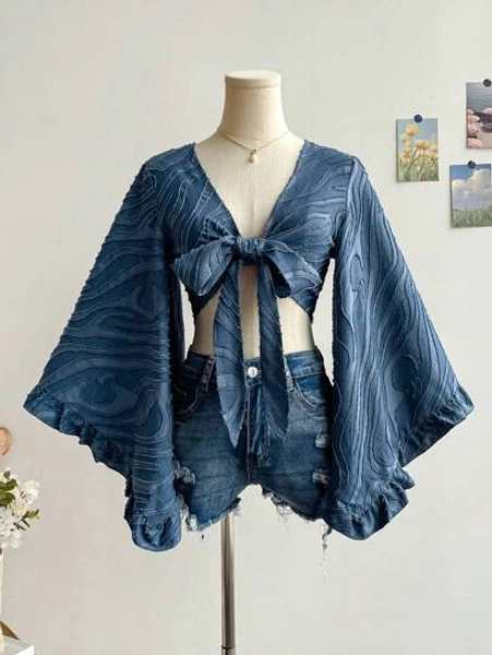 Soleia Women's Casual Summer Vacation Textured Woven Tie-Front Flare Sleeve Ruffle Trim Shirt, Suitable For Hippie, Western, Music Festival, Easter, Carnival, Afternoon Tea, Party,Rave Top