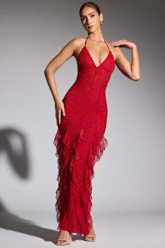 Embellished Halter Neck Ruffle Maxi Dress in Red | 10