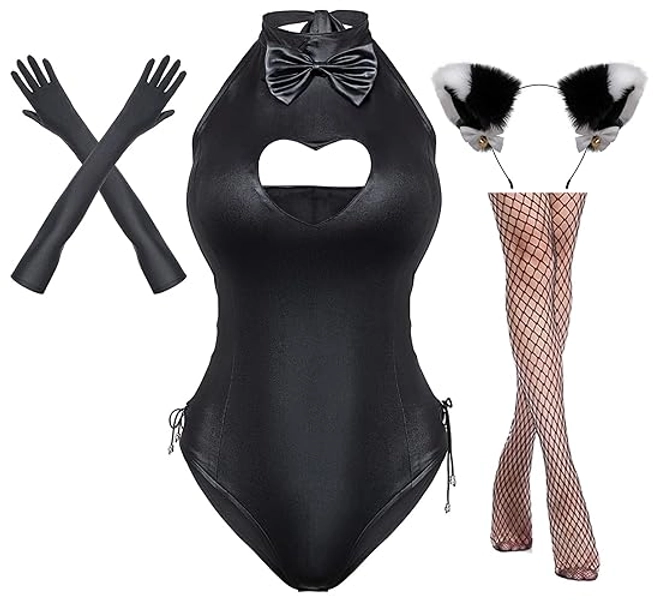 Yuriko Womens Bunny Costume Girl Suit Button Crotch Romper Onesie Bodysuit Cosplay Costume Furry Cat Ear Gloves Socks set(Black 2XL) - XX-Large - Black
