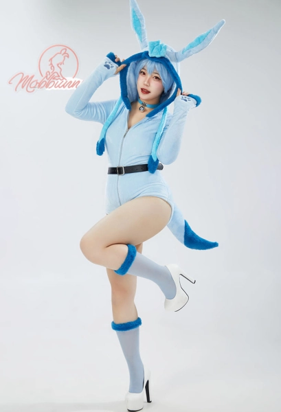PM Derivative Fluffy Bodycon Romper Blue Furry Lingerie Hooded Bodysuit Jumpsuit Homewear with Tail Belt and Socks S-4XL