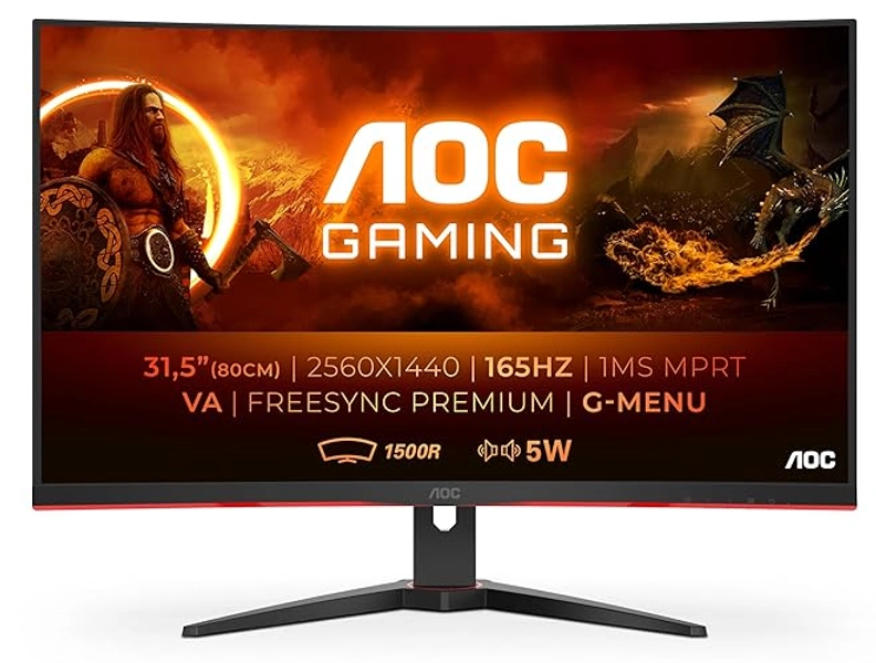 AOC Écran gaming incurvé CQ32G2SE 80 cm (31,5 pouces) (FHD, HDMI, DisplayPort, temps de réponse MPRT de 1 ms, 2560 x 1440 px, 165 Hz, FreeSync Premium) noir/rouge