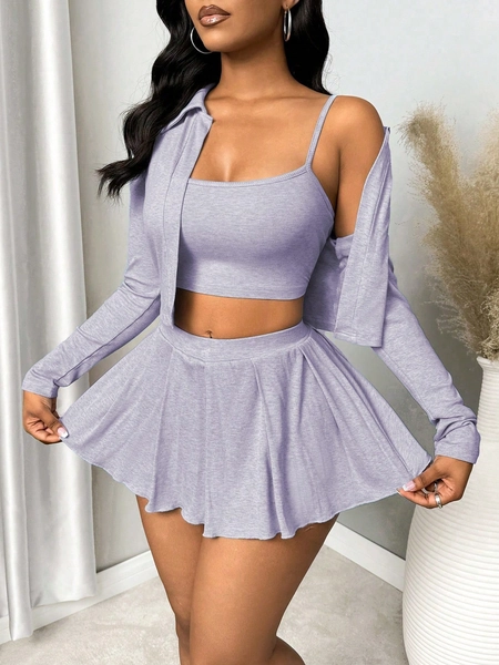 VaVaBold 3pcs Women Solid Color Minimalist Casual Outfit Set (Top & Dress)