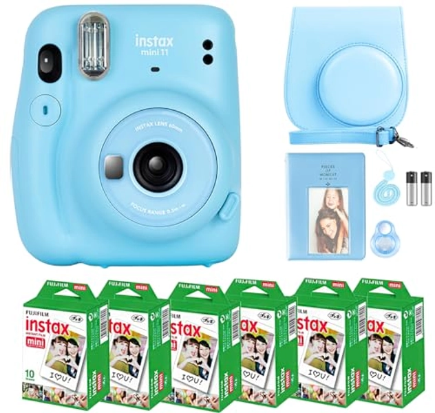 Fujifilm Instax Mini 11 Camera with Fujifilm Instant Mini Film (60 Sheets) Bundle with Deals Number One Accessories Including Carrying Case, Selfie Lens, Photo Album, Stickers (Sky Blue)