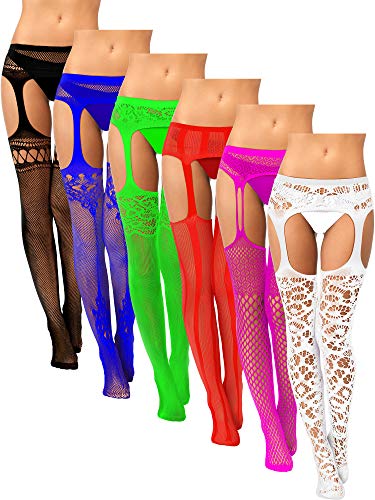 6 Pairs Women Fishnet Thigh-High Stockings Tights Suspender Pantyhose Stockings for Women Girls - Black, Blue, Green, Red, Rose Red, White - X-Large-XX-Large