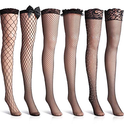 SATINIOR 6 Pairs Fishnet Thigh High Stocking Lace Top over the Knee Stocking Lingerie with Rhinestone Bow - Black
