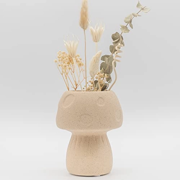Mushroom Decor Vase, Textured Sand Handmade Ceramic Unique Retro Flower Plant Pot Indoor Planter Modern Boho Cottagecore Room Decor Cute Vintage Aesthetic Decoration Funky Eclectic Accent Piece Gift