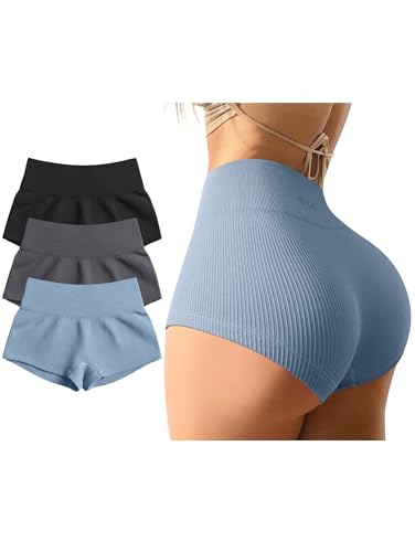 OQQ Women 3 Piece Yoga Shorts Sexy High Waist Booty Stretch Workout Exercise Hot Shorts - Small - Black Darkgrey Blue