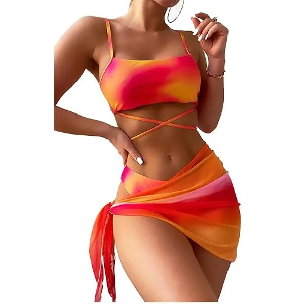 fdsmall Women's Bikini Set Low Waist String Triangle Bikini with Skirt 3 Piece Bikini Swimsuit Tie Dye High-Cut Swimwear Swimming Trunks