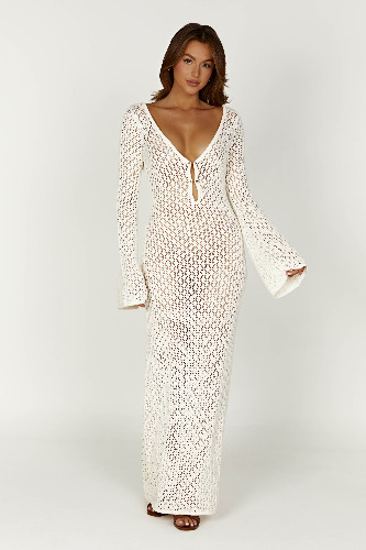 Kayleigh Crochet Fishtail Flare Sleeve Maxi Dress - White | XS