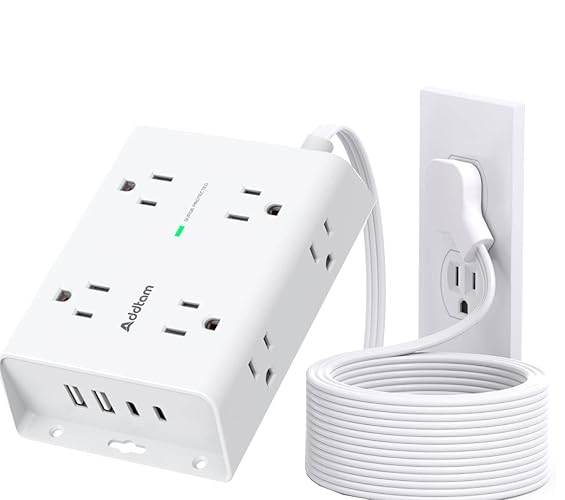 Flat Plug Extension Cord Surge Protector Power Bar, 5 Ft Ultra Thin Flat Plug 8 Outlets 4 USB Charger(2 USB C Ports), 1080J Multi Plug Outlet Extender for Home Office College Dorm Room Essentials - Flat Cord - 5 FT