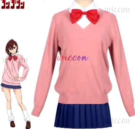 Momo Ayase Cosplay, Top rosa, falda azul, uniforme escolar, pendientes