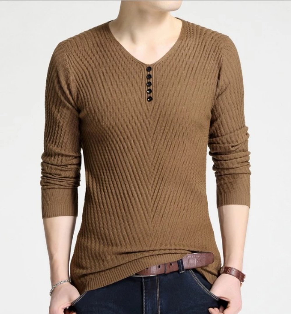 Mens Casual V Neck Sweater with Buttons Design - Brown / L