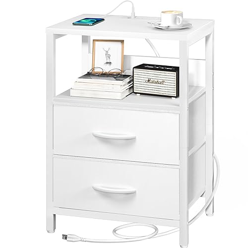 Yoobure Nightstand with Charging Station, Small Night Stand with Fabric Drawers and Storage Shelf for Bedrooms, Nightstands for Small Spaces, Bedside Table with USB Ports & Outlets, Bed Side Table - White