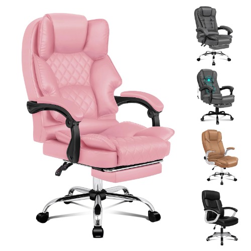 ALFORDSON Pink Leather Chair with Lumber and Back Support, Gaming Executive Computer Racer Swivel Chair with Footrest and Adjustable Height, Ergonomic Office Chair with 150° Recline - Brett Pink w/ Footrest