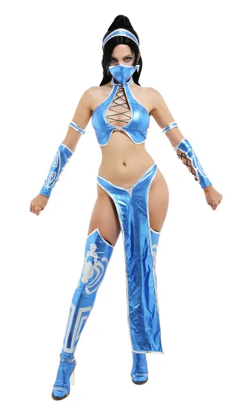 Miccostumes Womens Game Fighting Cosplay Costume Outfit with Wristbands Arm Accessories Stockings Face Cover - Blue Medium