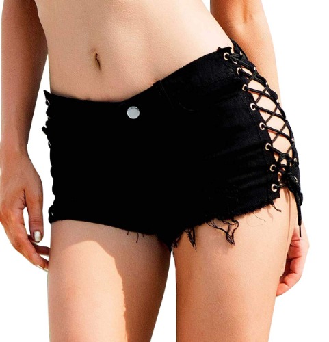 FEOYA Women's Sexy Denim Shorts Cut Off Frayed Mini Hot Pants Lace Up Ripped Hole Booty Shorts Jeans Clubwear - Black Medium