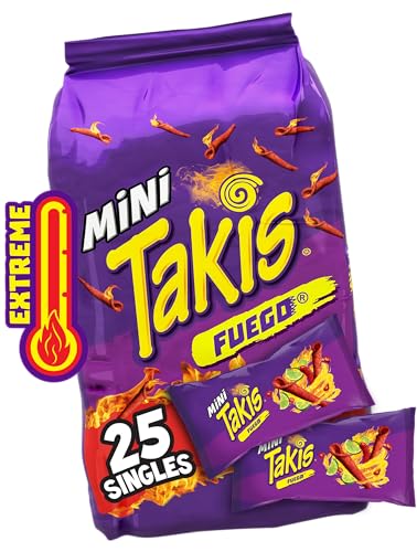 Takis Fuego Mini 25 pc / 1.23 oz Bite Size Multipack, Hot Chili Pepper & Lime Flavored Extreme Spicy Rolled Tortilla Chips - Fuego - 30.75 Ounce (Pack of 1)