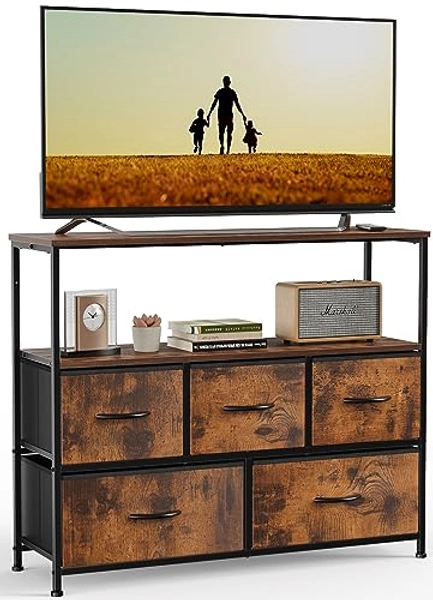Dresser TV Stand, Entertainment Center with 5 Fabric Drawers, Media Console Table for TV with Open Storage Shelf Dresser for Bedroom/Living Room/Hallway Rustic Brown