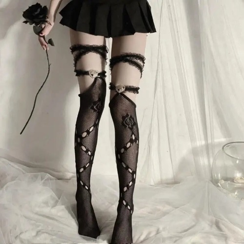 Rose Design Thigh-High Fishnet Tights with Free Shipping