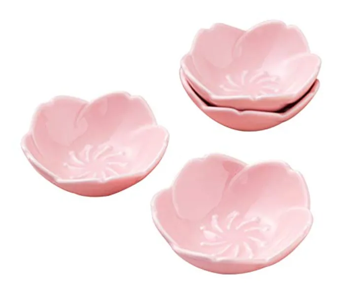 Jusalpha Pink Cherry Blossom Porcelain Sauce/Seasoning Dish, Sushi Soy Dipping Bowl, Dessert , Appetizer Plates, Serving Dish for Kitchen Home (Set of 4, Pink)