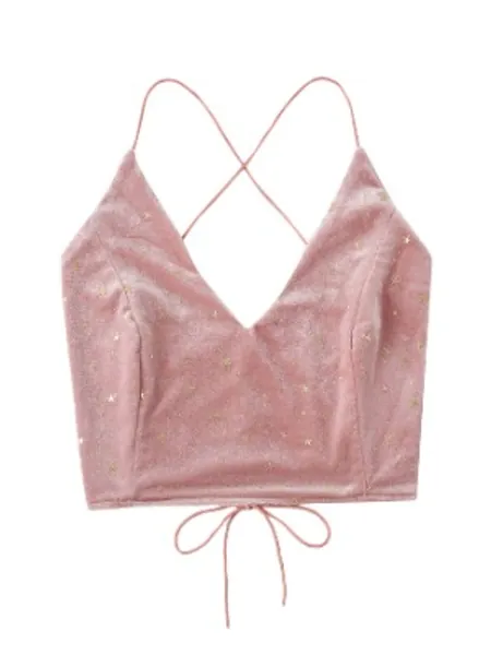 Verdusa Women's Velvet Galaxy Print Crisscross Back Spaghetti Strap Crop Cami Top