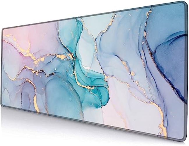 SANWUMIAN Large Gaming Mouse Pad with Stitched Edges, Blue Marble Desk Mat, Extended XL Keyboard Pad, Non-Slip Rubber Base Desk Pad for Keyboard and Mouse, 31.5X11.8 inch - 06 Cyan Blue Marble