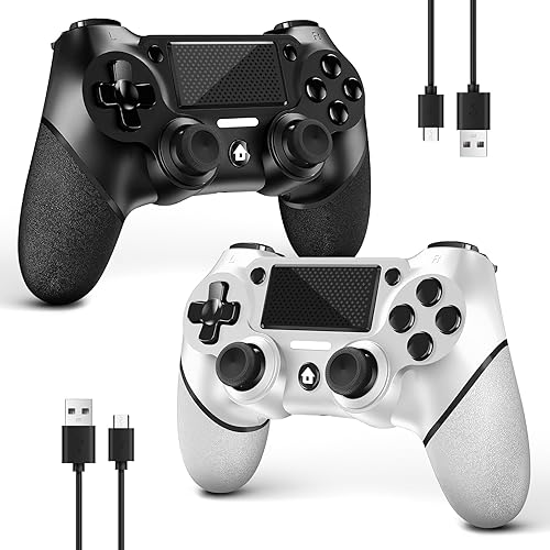 AceGamer 2 Pack for PS4 Controller, Wireless Controller for PS4/Pro/Slim/PC, with Non-Slip Grip of Both Sides and 2 USB-C Cable! (Black and White) - B&W