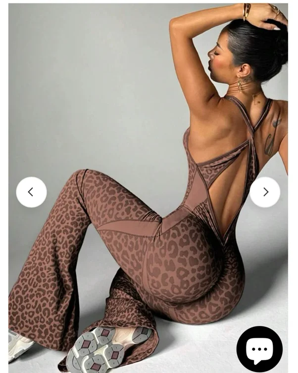 ZASUWA Leopard Print Hollow Out Cross Back Deep V Back Jumpsuit
