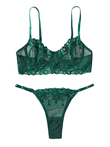 SOLY HUX Lingerie for Women Embroidered Mesh Sheer Underwire Bra and Panty Lingerie Set - Small - Solid Green