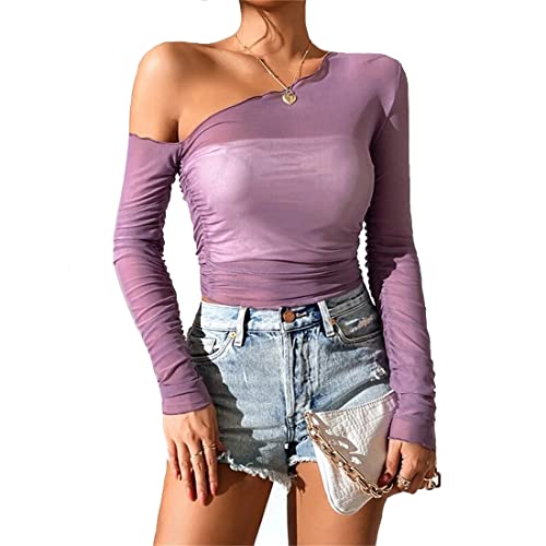 LOFAAC Women Sexy Mesh Sheer See Through Long Sleeve Crop Tops Slim Fit Ruched Off Shoulder Crop Blouse Tee Top Clubwear - Small - Purple