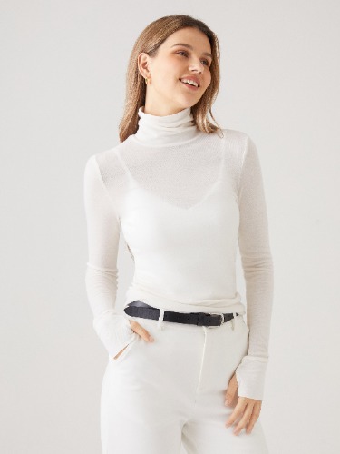 Tencel Wool Semi-Sheer Turtleneck Top - Off White / S