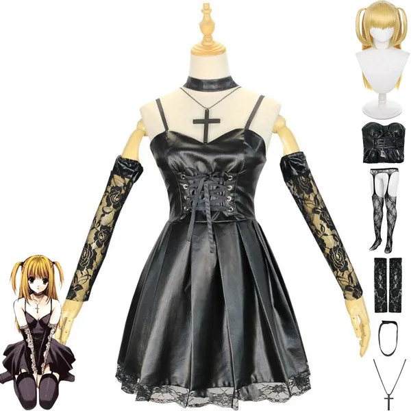 Amalon Anime Death Note Cosplay Kostüm Outfit Misa Amane Schwarzes Kleid Uniform Full Set Halloween Karneval Party Dress Up Anzug mit Perücke Kreuz Halskette für Frauen Mädchen
