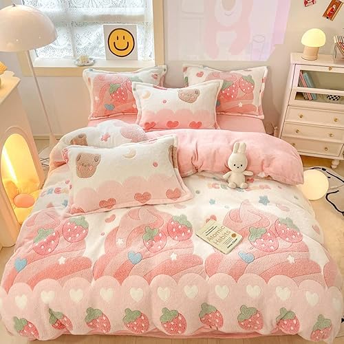 CinYana Pink Strawberry Duvet Cover Set Fluffy Kawaii Cartoon Comforter Cover Soft Kids Twin Size Bedding Set (Strawberry) - Strawberry - Twin