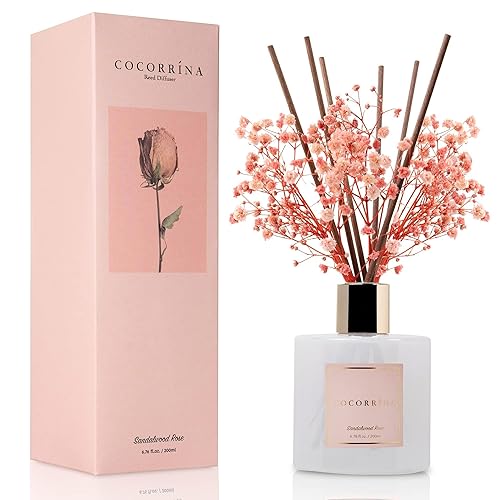 Cocorrína Premium Reed Diffuser Set with Preserved Baby's Breath & Cotton Stick Sandalwood Rose | 6.7oz Scent Fragrance Oil Diffuser for Bedroom Bathroom Home Décor - Sandalwood Rose - Flower/6.7 Ounce/1pack