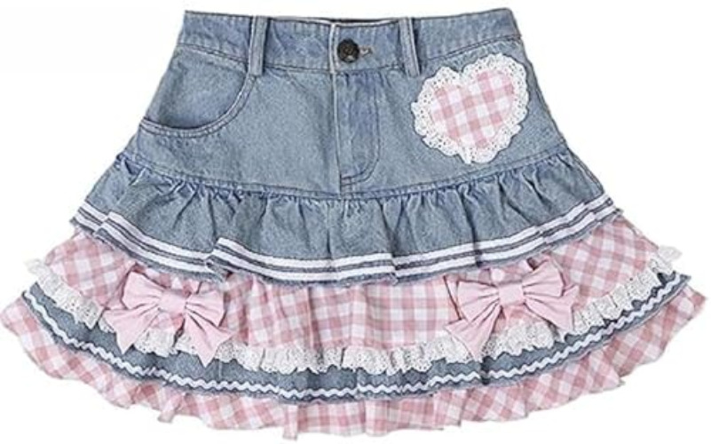 Pokn Jean Skirt Skirts for Women Mini Skirts Preppy Lolita Kawaii Skirts Harajuku Y2K Skirt Denim Skirt Lace Cake Skirts - Large - Blue
