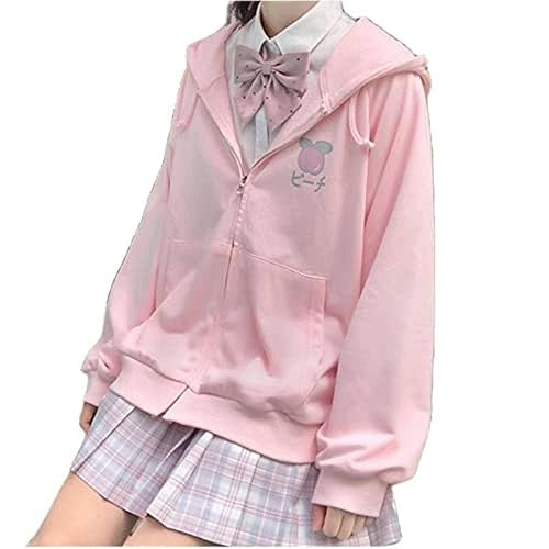 AISYBB Harajuku Sweet Kawaii Hoodie Fruit Print Women's Loose Thin Zipper Sweater Girl Cute Pink Plus Size Clothes - Large - Pink