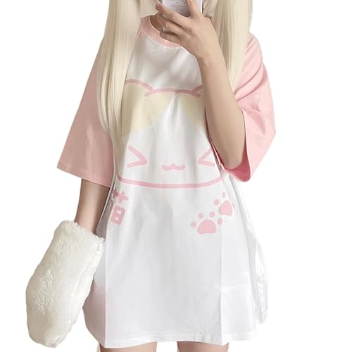 RILGOU Harajuku Kawaii Gothic Clothes Casual Crewneck Pink Raglan Sleeve Cartoon Graphic Cute Kitty Print T-Shirt - Pink - Large